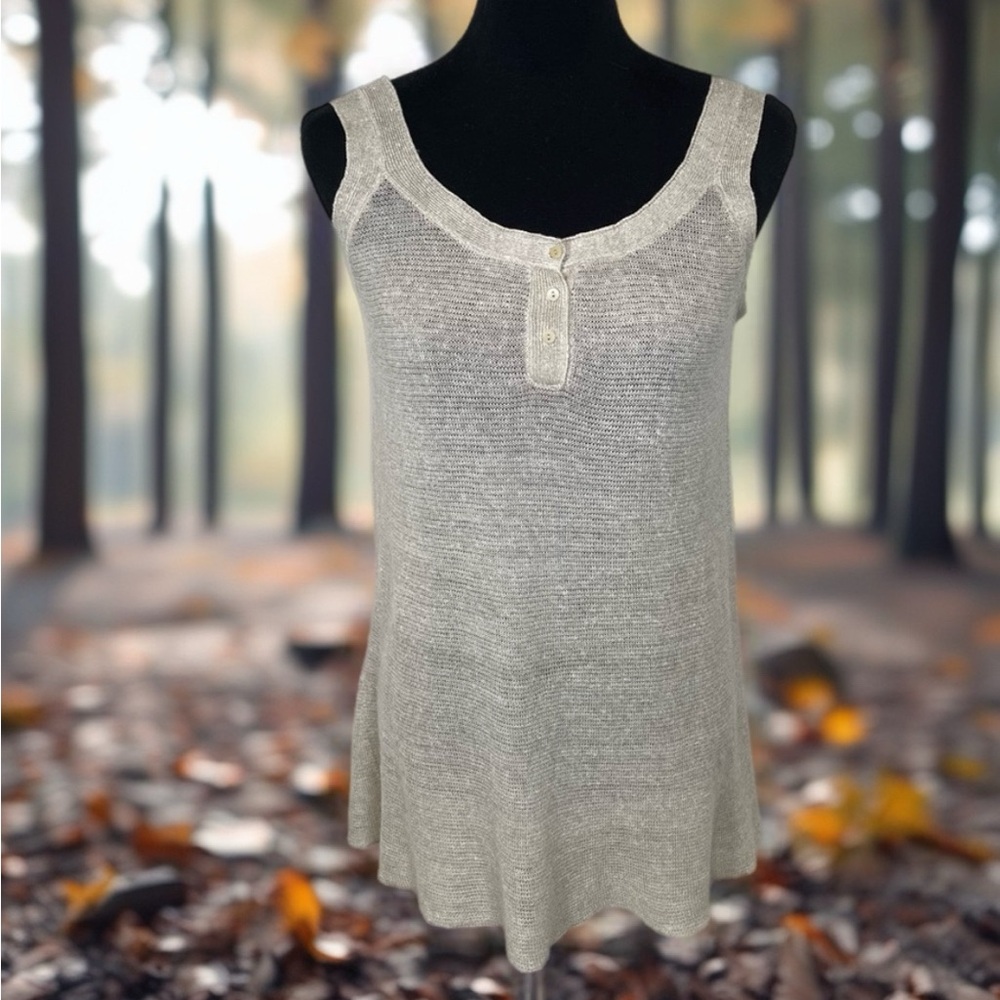Eileen Fisher Oatmeal Linen/Silk Blend 1/4 Button Front Mesh Shell Size M